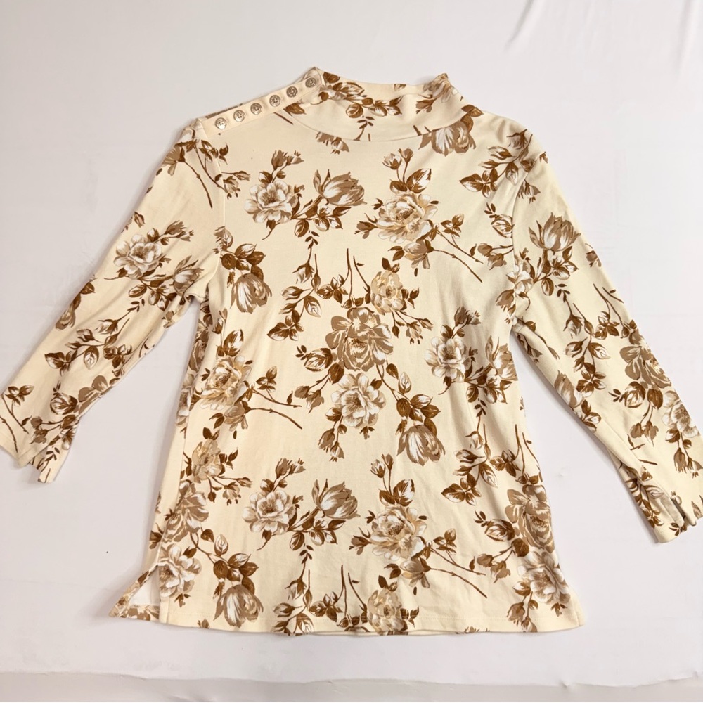 Estate Cream and Brown‎ Floral Blouse Mock Turtleneck